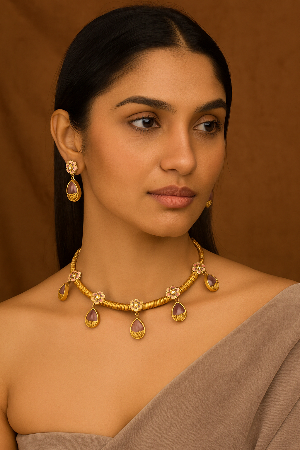 Pastel Pink Floral Designer Necklace Set with Drop Danglers